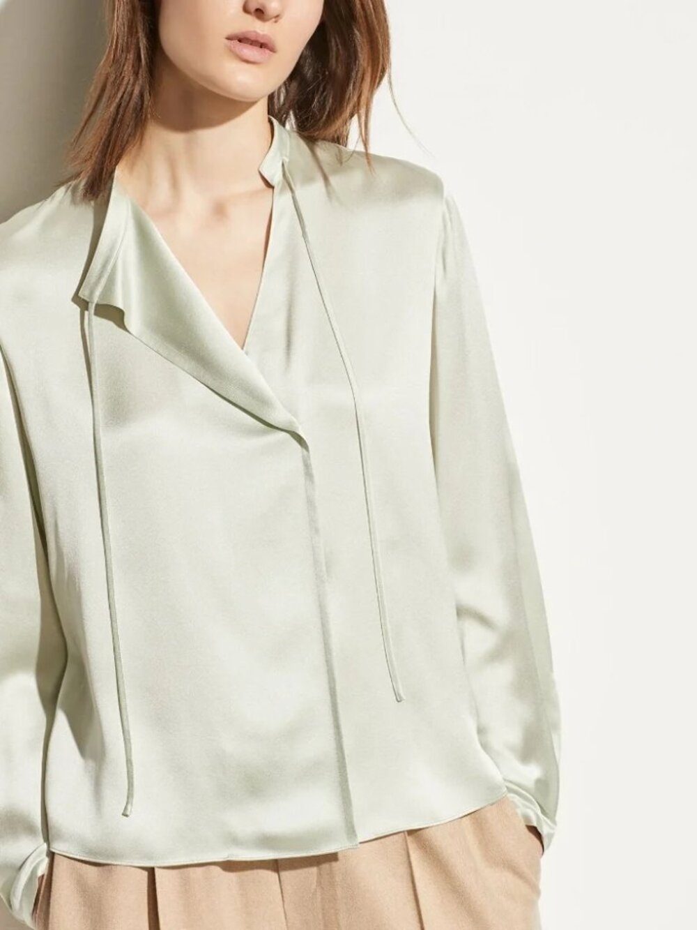 Vince Light Aloe Green Silk Satin Tie Neck Blouse Top Medium